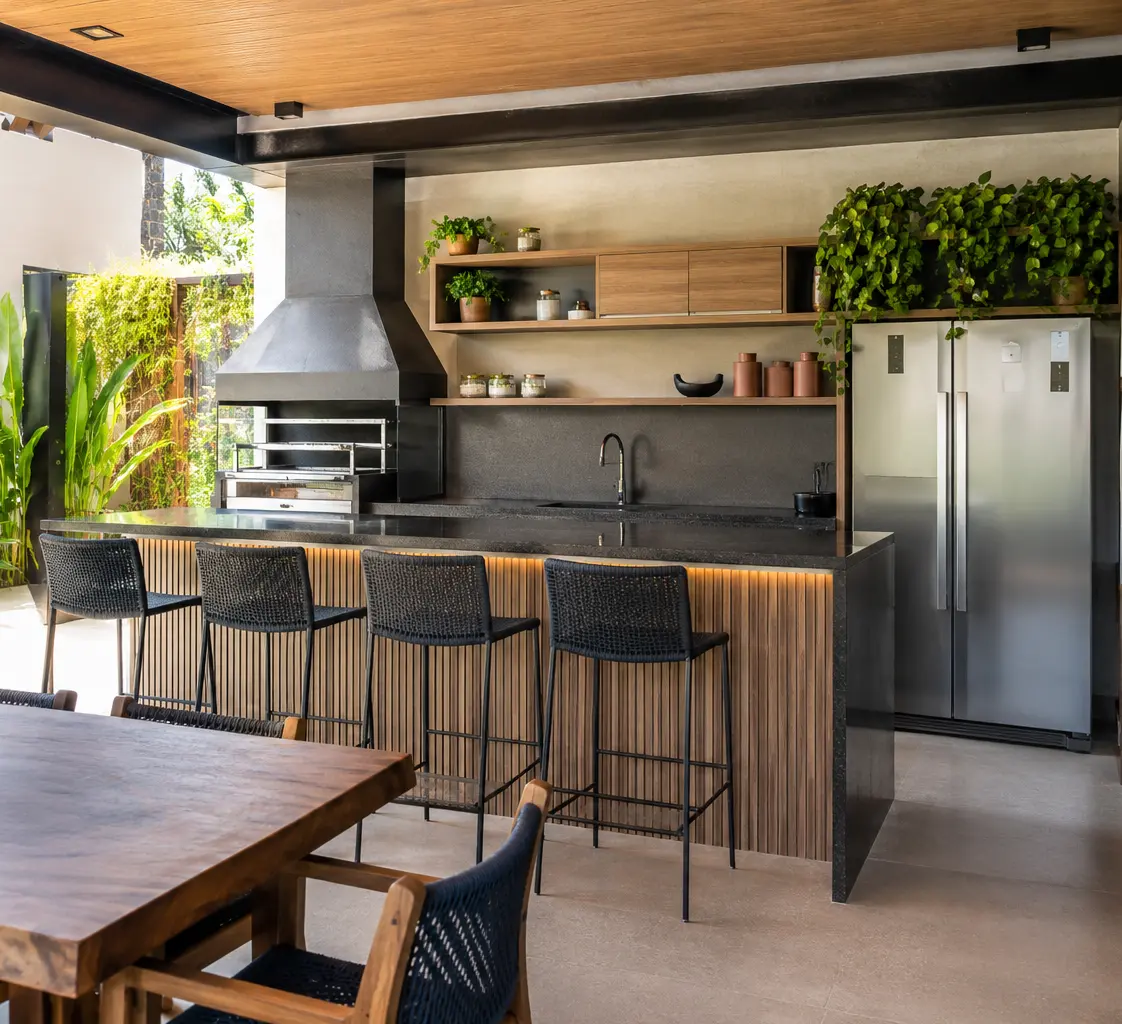 Área gourmet planejada com bancada, armários e adega sob medida