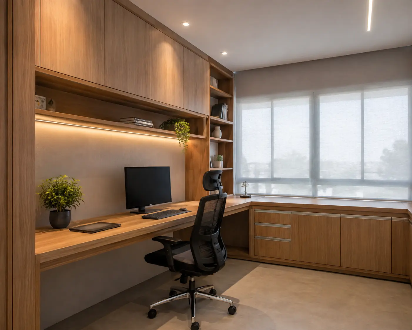 Home office planejado com mesa, armários e prateleiras sob medida