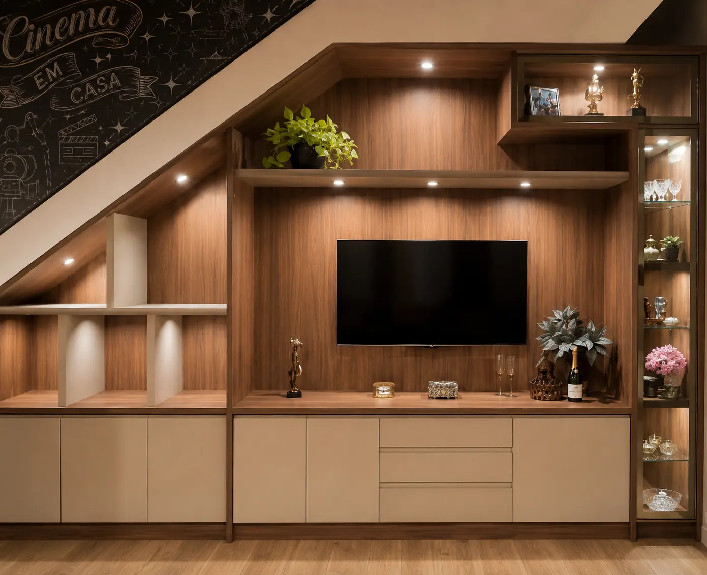 Sala de estar com painel de TV e home theater planejado sob medida